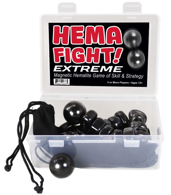 A box of the magnetic game "Hema Fight Extreme" containing hematite pieces and a black pouch.