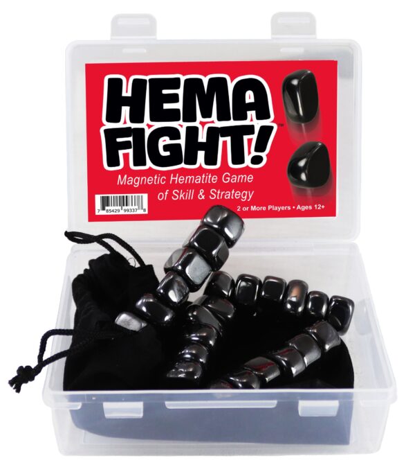 Plastic box with black hematite magnets labeled "Hema Fight Extreme." Includes a black pouch and magnets. Suitable for ages 12 and up, 2 or more players.